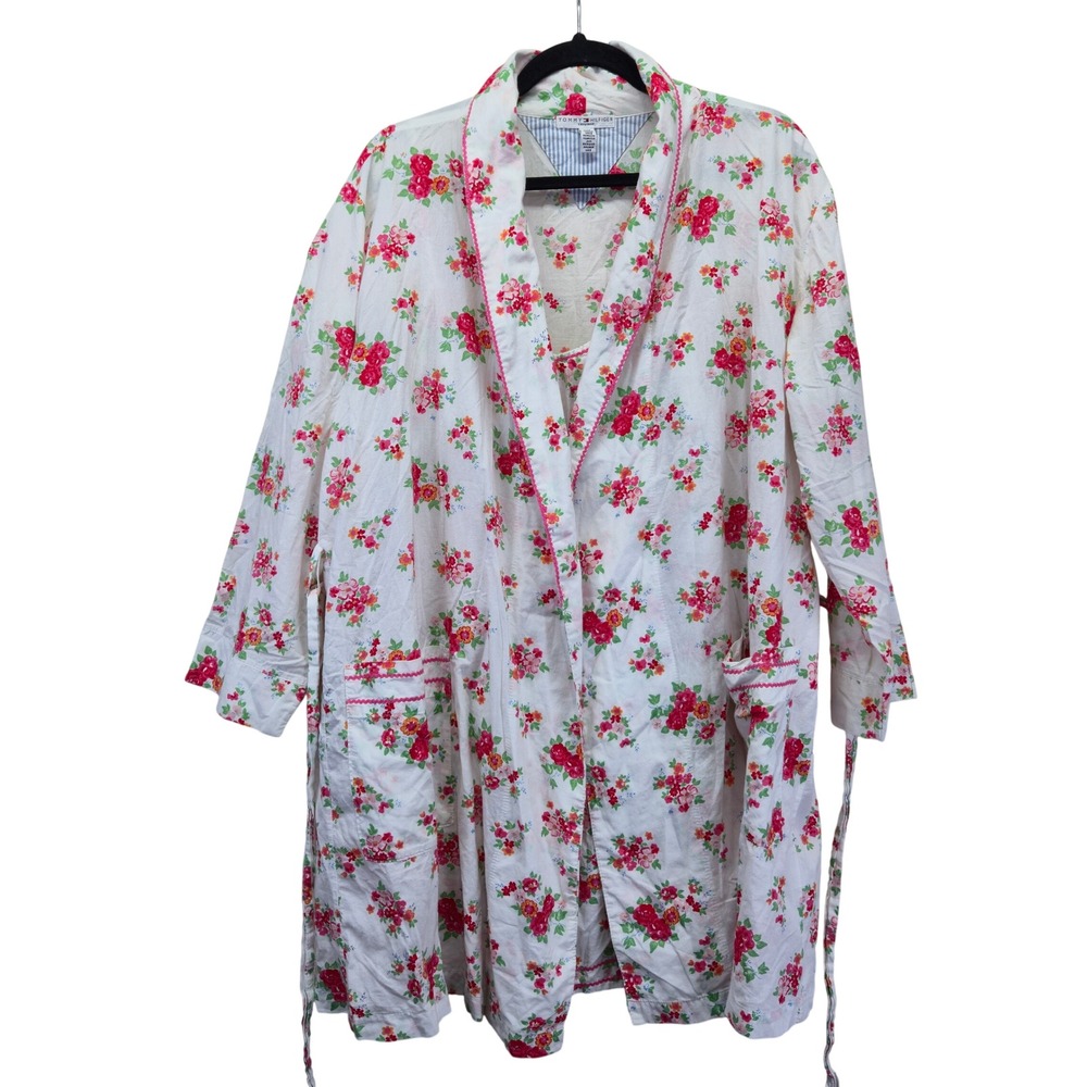 Tommy Hilfiger Sleepwear Womens S/M Floral Robe and Chemise Set White Cotton‎